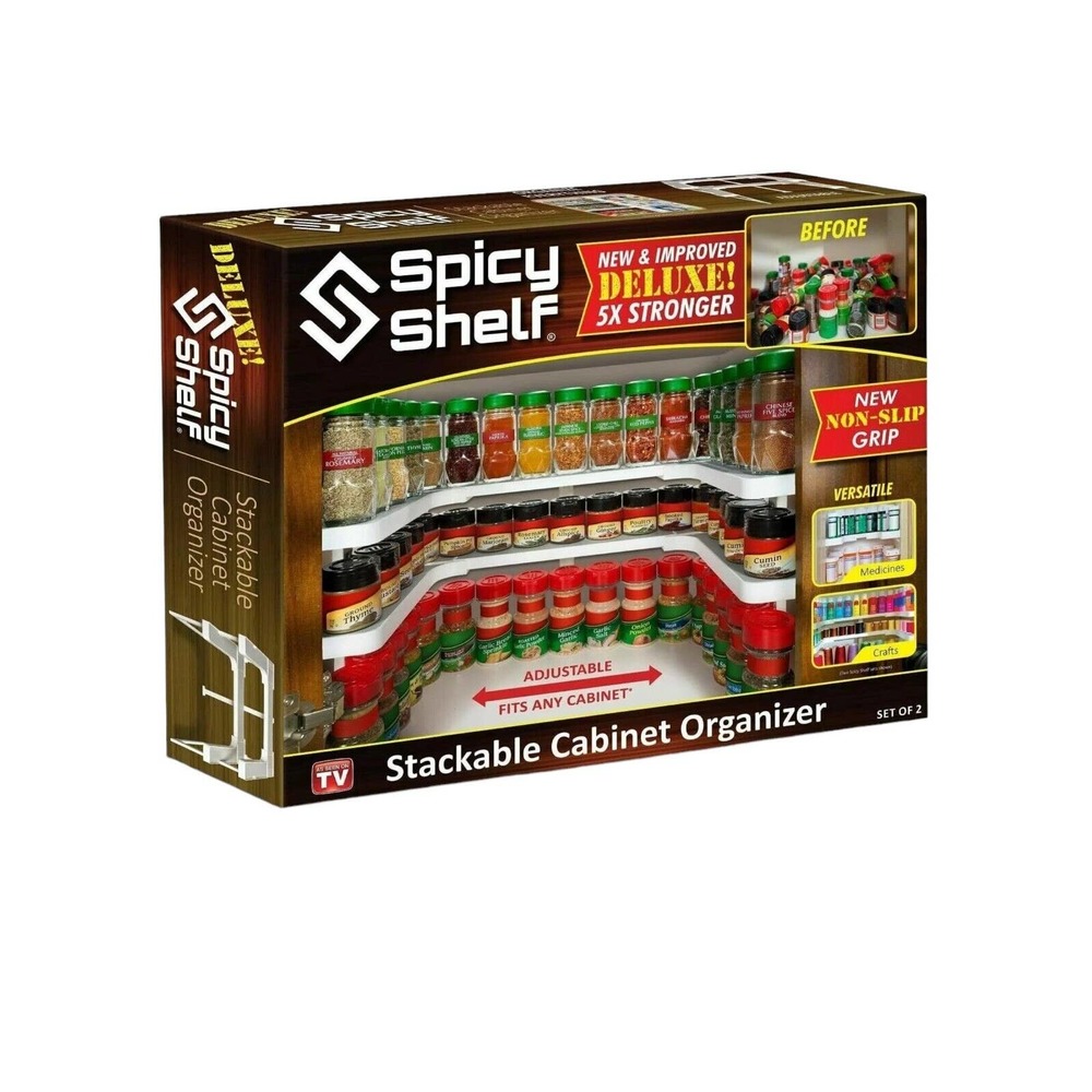 New Spicy Shelf Deluxe Set of Two Spice Racks Stackable Cabinet Organizer White